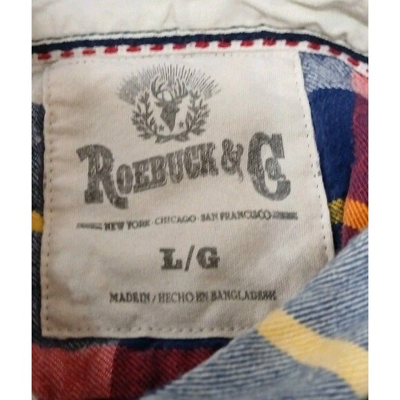 Roebuck & Co Red Blue Plaid Flannel Shirt Men's L Cotton Pockets Lumberjack Vibe - Picture 6 of 7